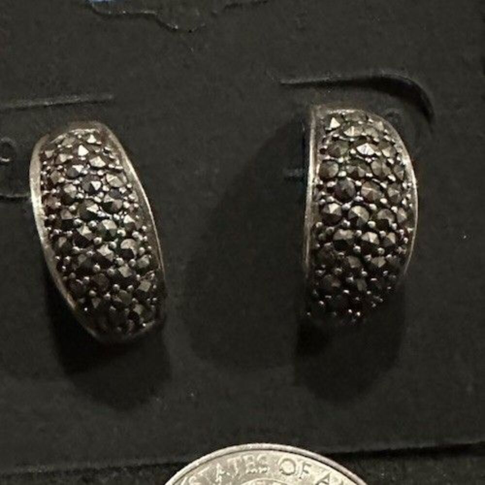Vintage 925 Sterling Silver Pave Marcasite Pave Hoop Earrings